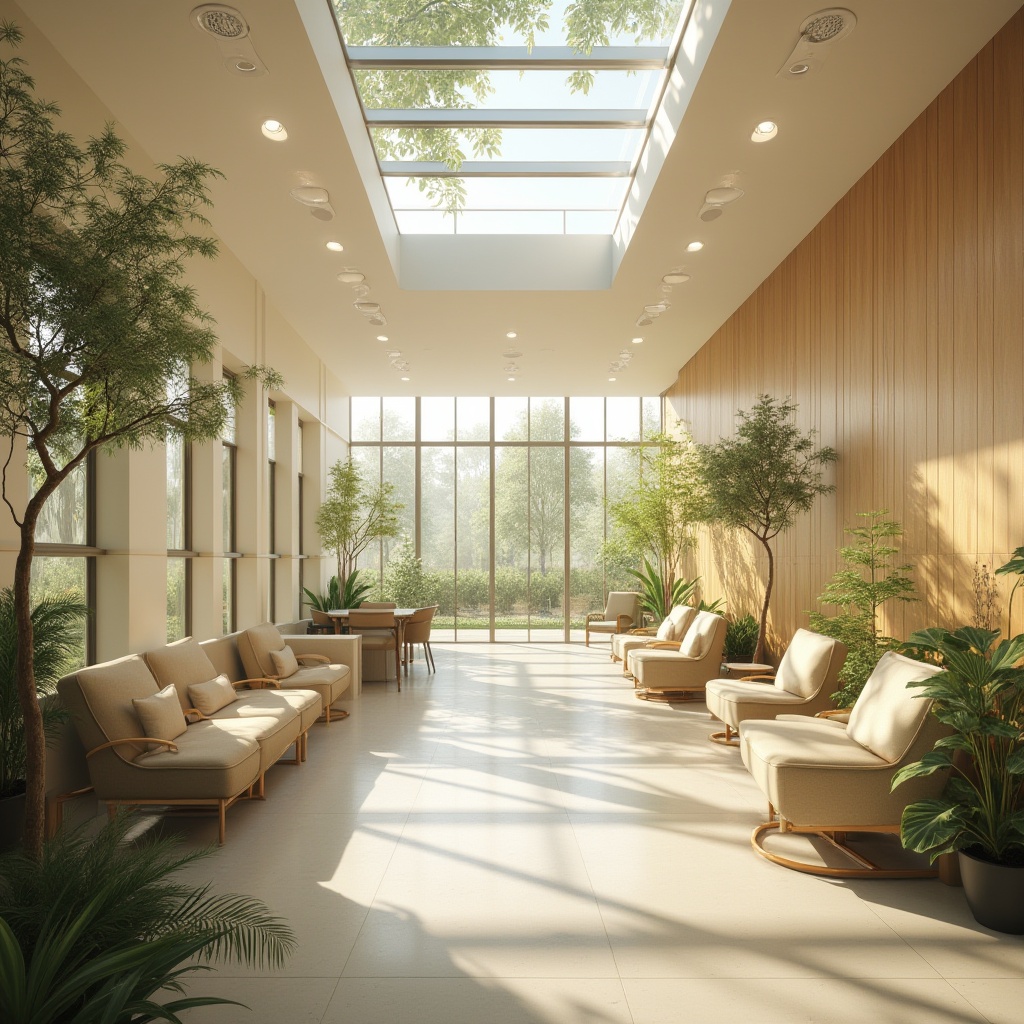 Prompt: Calming healthcare facility, soft natural light, warm beige walls, comfortable patient rooms, gentle wood accents, soothing water features, lush greenery, serene outdoor spaces, abundant skylights, clerestory windows, diffused sunlight, minimal shadows, peaceful atmosphere, calming color palette, organic textures, subtle patterns, nature-inspired artwork, gentle curves, minimalist decor, warm lighting fixtures, energy-efficient systems, sustainable materials, harmonious ambiance.