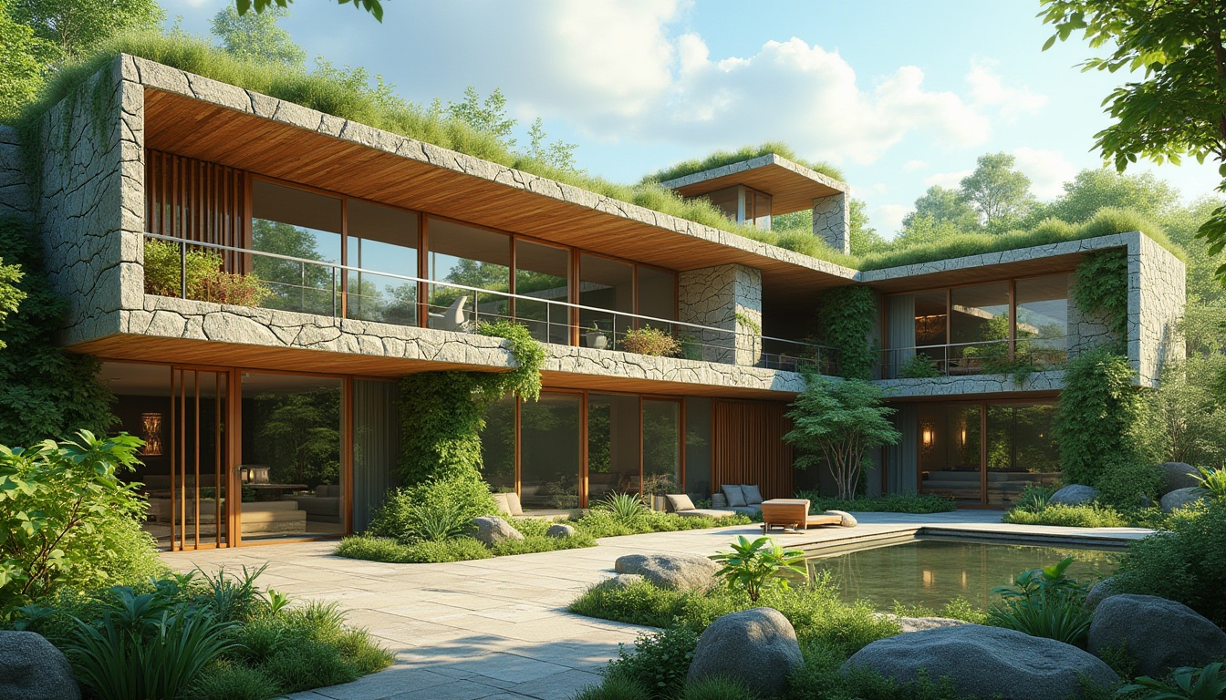 Prompt: Green roof, lush vegetation, natural stone walls, wooden accents, large windows, clerestory windows, skylights, operable vents, solar chimneys, wind towers, atriums, internal courtyards, open floor plans, minimal partitions, light-colored interior finishes, reflective surfaces, thermal mass materials, evaporative cooling systems, shading devices, overhangs, awnings, green walls, living walls, biophilic design, natural materials, earthy color palette, abundant daylight, soft diffused lighting, 3/4 composition, panoramic view, realistic textures, ambient occlusion.