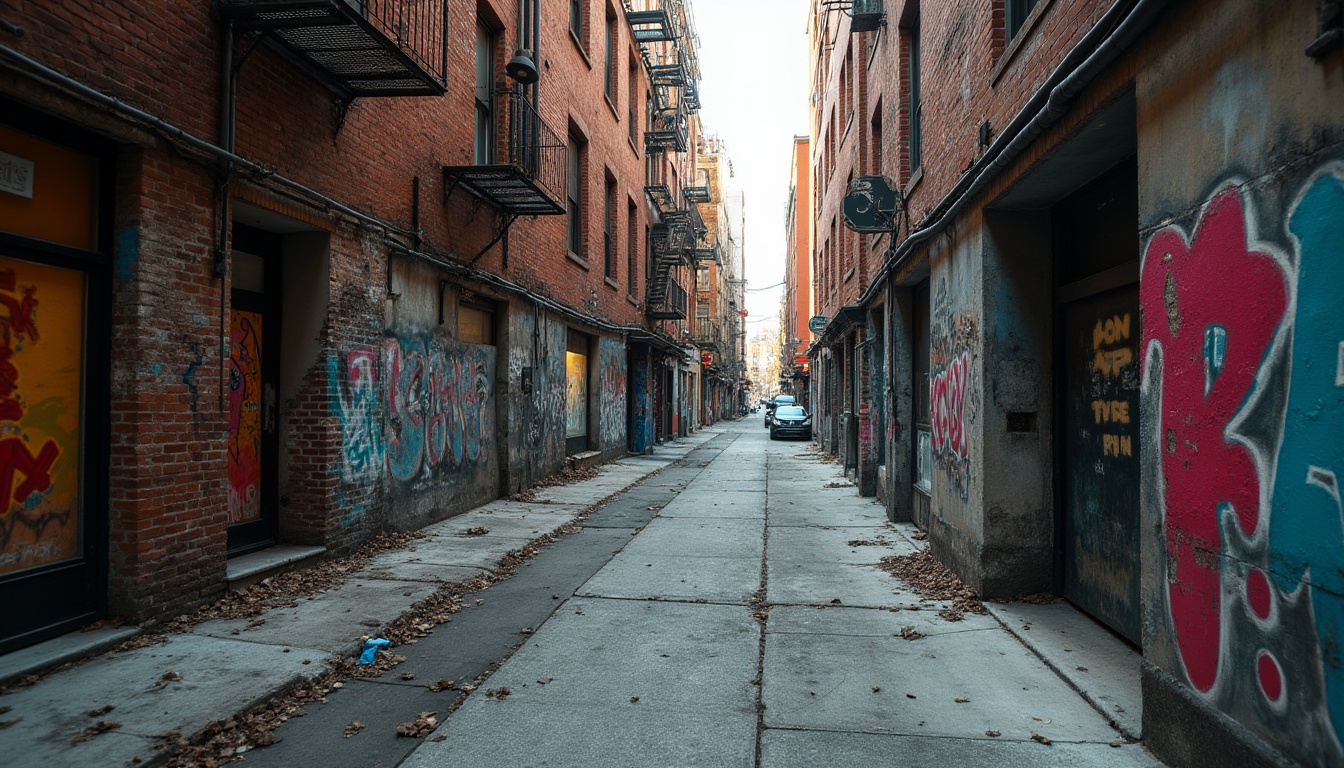 Prompt: Rugged cityscape, urban decay, distressed brick walls, worn concrete sidewalks, metallic accents, industrial pipes, exposed ductwork, graffiti-covered buildings, vibrant street art, bustling metropolitan atmosphere, afternoon sunlight, high-contrast shadows, shallow depth of field, 2/3 composition, realistic textures, ambient occlusion.