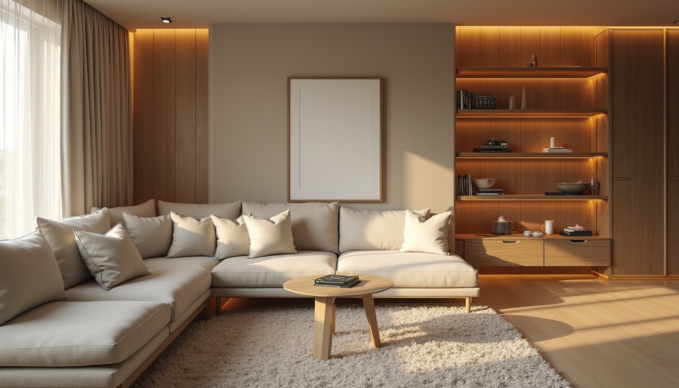 Prompt: Cozy living room, comfortable seating area, warm ambient lighting, plush carpeting, natural wood accents, modern minimalist decor, functional layout, efficient storage solutions, stylish shelving units, ergonomic furniture design, soft neutral color palette, calming atmosphere, 1/1 composition, shallow depth of field, realistic textures, ambient occlusion.