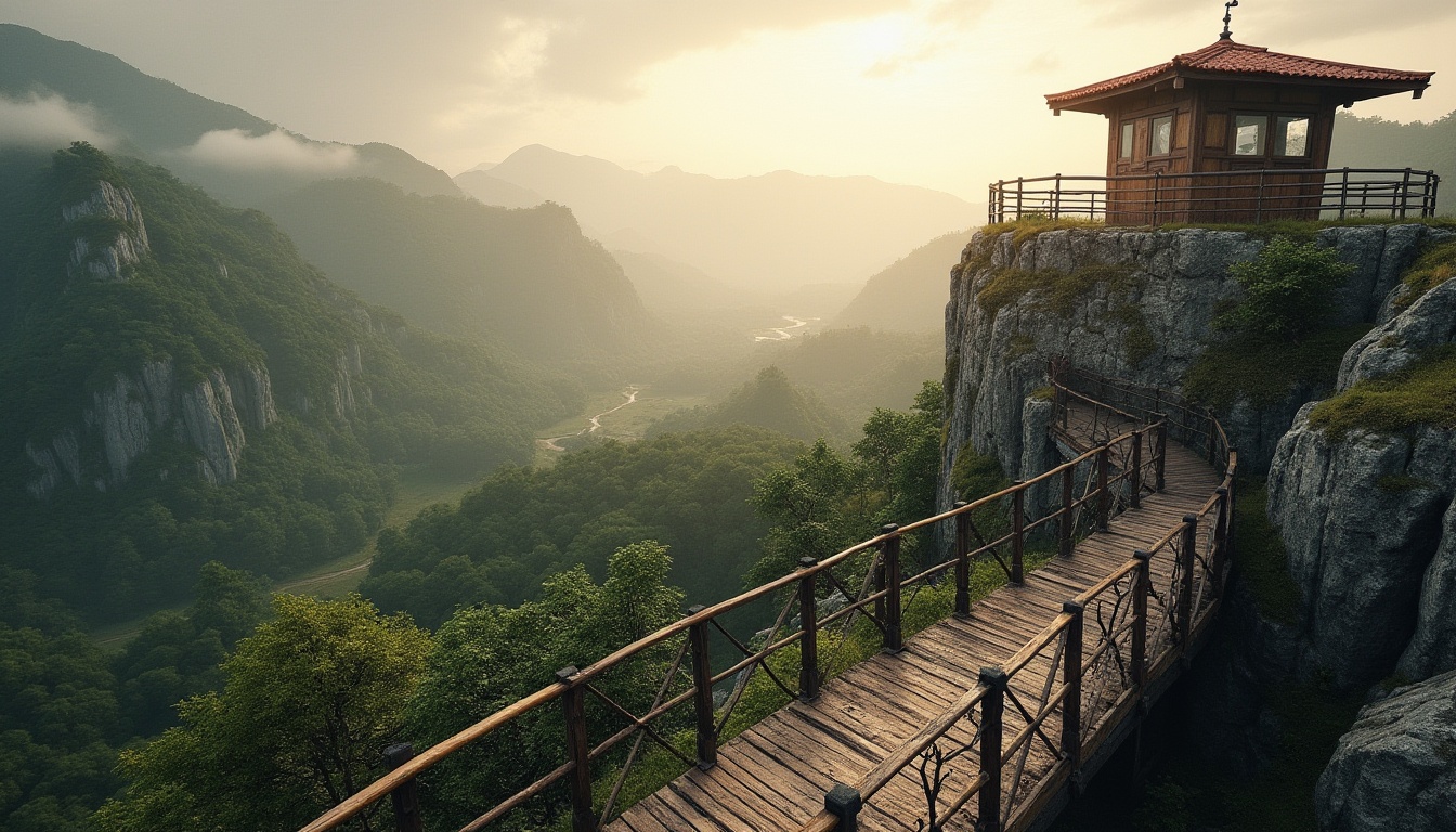 Prompt: Watching tower, rugged stone walls, panoramic views, elevated observatory deck, metal railings, wooden accents, natural stone flooring, lush greenery surroundings, rolling hills, misty mountains, serene atmosphere, warm golden lighting, soft focus blur, 1/1 composition, realistic textures, ambient occlusion.Let me know if this meets your requirements!