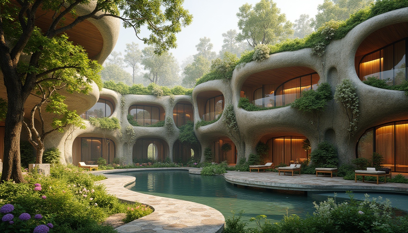 Prompt: Organic curves, living walls, green roofs, natural stone facades, wooden accents, floor-to-ceiling windows, seamless transitions, blurred boundaries, lush vegetation, blooming flowers, trees as columns, cantilevered overhangs, soft warm lighting, shallow depth of field, 3/4 composition, panoramic view, realistic textures, ambient occlusion.