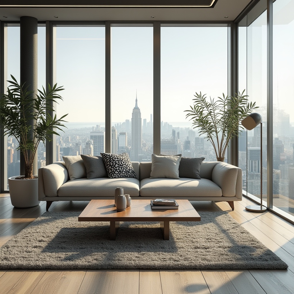 Prompt: Modern living room, minimalistic furniture, sleek coffee table, plush area rug, comfortable sofa, geometric patterned pillows, floor-to-ceiling windows, natural light pouring in, urban cityscape view, 1/1 composition, softbox lighting, realistic textures, ambient occlusion.