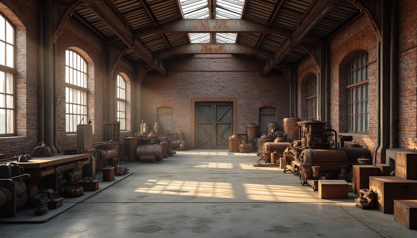 Prompt: Industrial warehouse interior, exposed brick walls, rough concrete floors, metal beams, rusty corrugated roofs, wooden crates, vintage machinery, distressed wood textures, worn steel surfaces, earthy color palette, soft natural lighting, atmospheric shadows, shallow depth of field, 1/1 composition, realistic reflections, ambient occlusion.