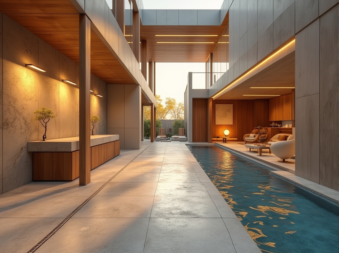 Prompt: Modern architectural design, sleek lines, minimalist aesthetic, bold color accents, rich wood tones, natural stone textures, earthy brown hues, soft creamy whites, deep blues, vibrant yellow highlights, warm golden lighting, subtle gradient effects, 3/4 composition, shallow depth of field, realistic renderings, ambient occlusion.