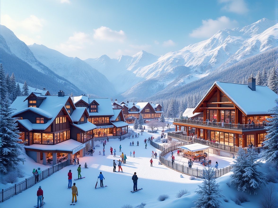 Prompt: Snow-capped mountains, frosty air, ski resort architecture, modern wooden buildings, sloping roofs, large windows, cozy fireplaces, warm lighting, snowy terrain, ski lifts, chairlifts, gondolas, snowboarding equipment, vibrant colorful outfits, winter sports gear, dynamic spatial flow, open public areas, social hubs, food courts, souvenir shops, amenities, event spaces, panoramic views, dramatic mountain vistas, soft natural light, shallow depth of field, 3/4 composition, realistic textures, ambient occlusion.