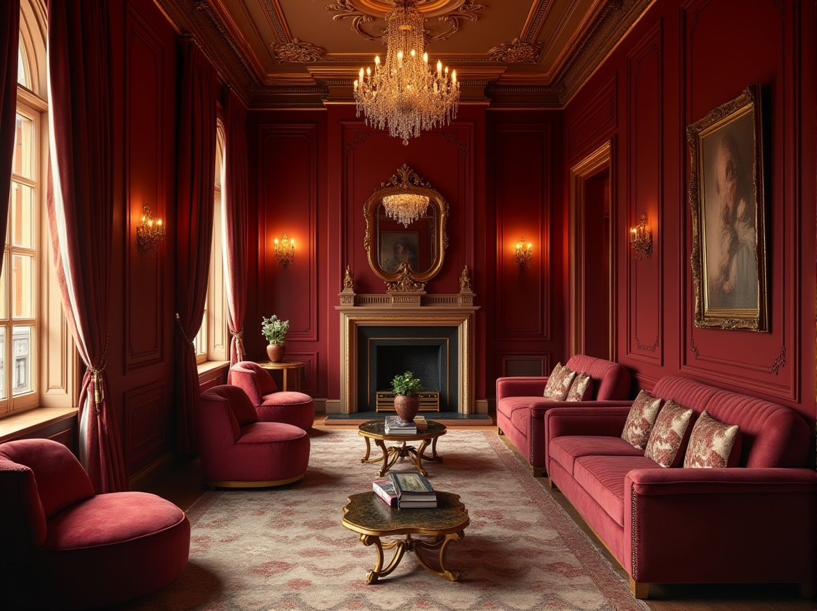 Prompt: Vibrant maroon walls, rich velvet drapes, ornate golden frames, luxurious leather sofas, warm wooden flooring, intimate dim lighting, cozy reading nooks, dramatic ceiling arches, elegant crystal chandeliers, lavish furniture upholstery, opulent fabric patterns, bold geometric shapes, warm beige accents, soft creamy textures, cinematic camera angles, shallow depth of field, 1/1 composition, atmospheric misting.