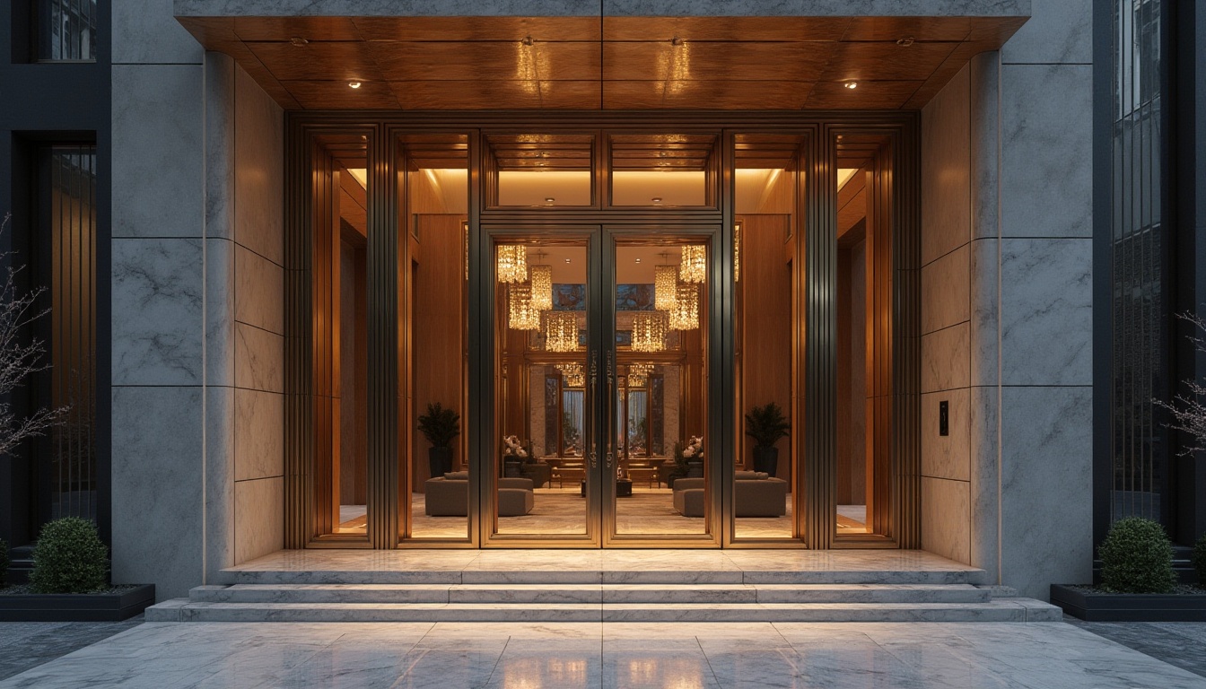 Prompt: Luxurious building facade, ornate details, grand entrance, opulent materials, metallic accents, reflective glass surfaces, marble textures, limestone walls, modern minimalist design, clean lines, neutral color palette, subtle gradations, dramatic nighttime lighting, soft warm glow, 3/4 composition, shallow depth of field, realistic reflections, ambient occlusion.