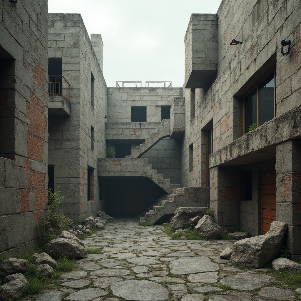 Prompt: Rough-hewn concrete walls, weathered stone facades, rugged brick textures, industrial metal accents, brutalist fortress-like structures, dramatic cantilevered volumes, geometric modular forms, raw unfinished surfaces, muted earthy color palette, overcast sky, diffused natural light, 1/1 composition, high-contrast shadows, detailed ambient occlusion.