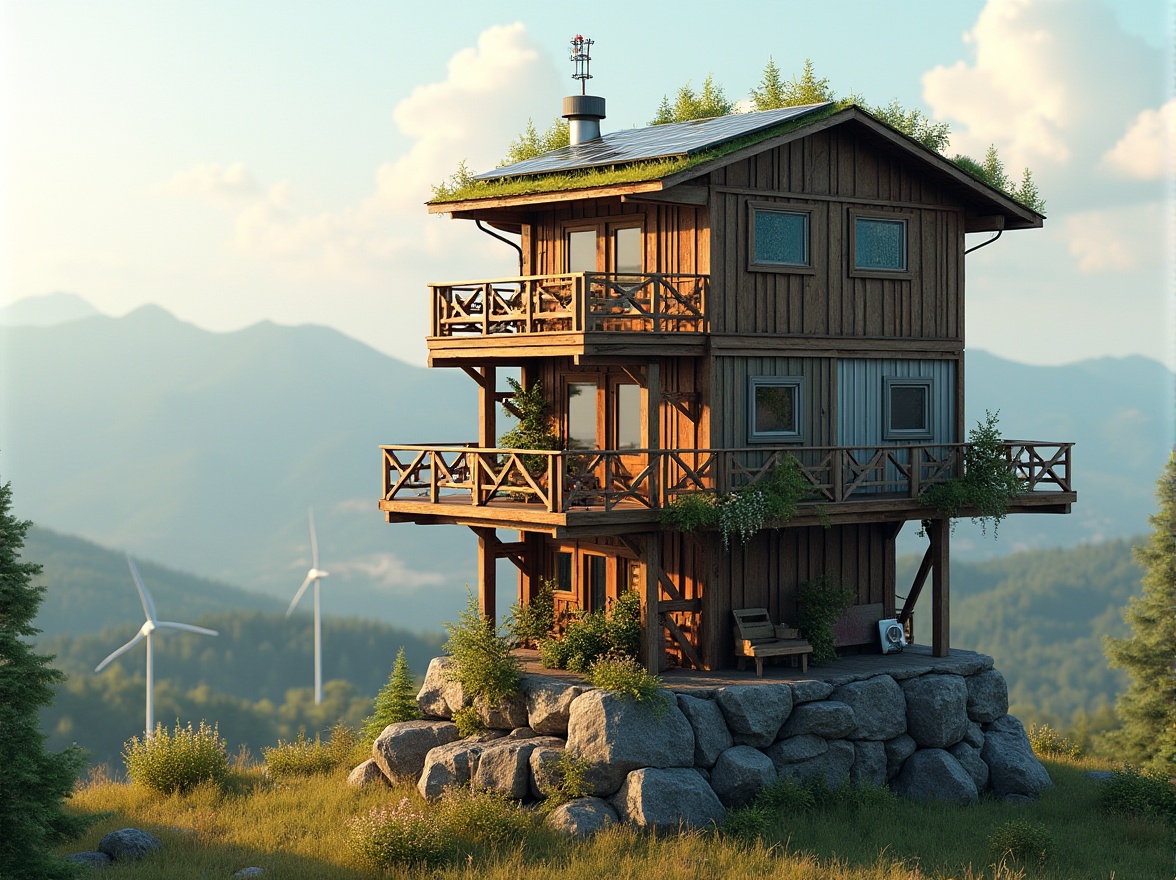 Prompt: Elevated watchtower, wooden lattice structure, recycled metal cladding, living green roof, solar panels, wind turbines, natural stone foundation, panoramic views, binoculars, observation deck, rustic wood accents, earthy color palette, soft warm lighting, shallow depth of field, 3/4 composition, realistic textures, ambient occlusion.