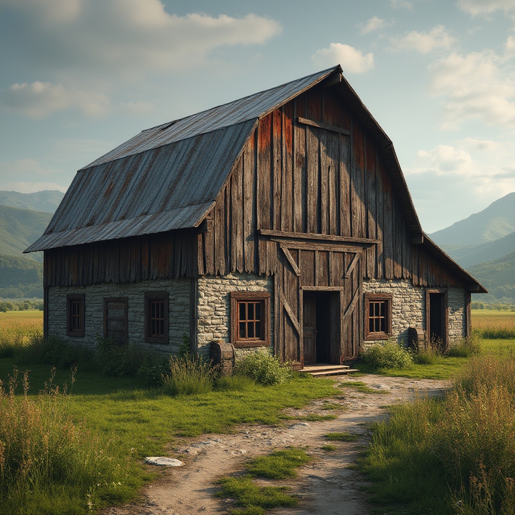 Prompt: Rustic barn, distressed wood, weathered metal roofs, worn stone walls, earthy tones, natural materials, rural landscape, rolling hills, green pastures, wildflowers, vintage farming equipment, rustic doors, wooden beams, exposed brick, industrial windows, dramatic lighting, high contrast, shallow depth of field, 1/2 composition, realistic textures, ambient occlusion.