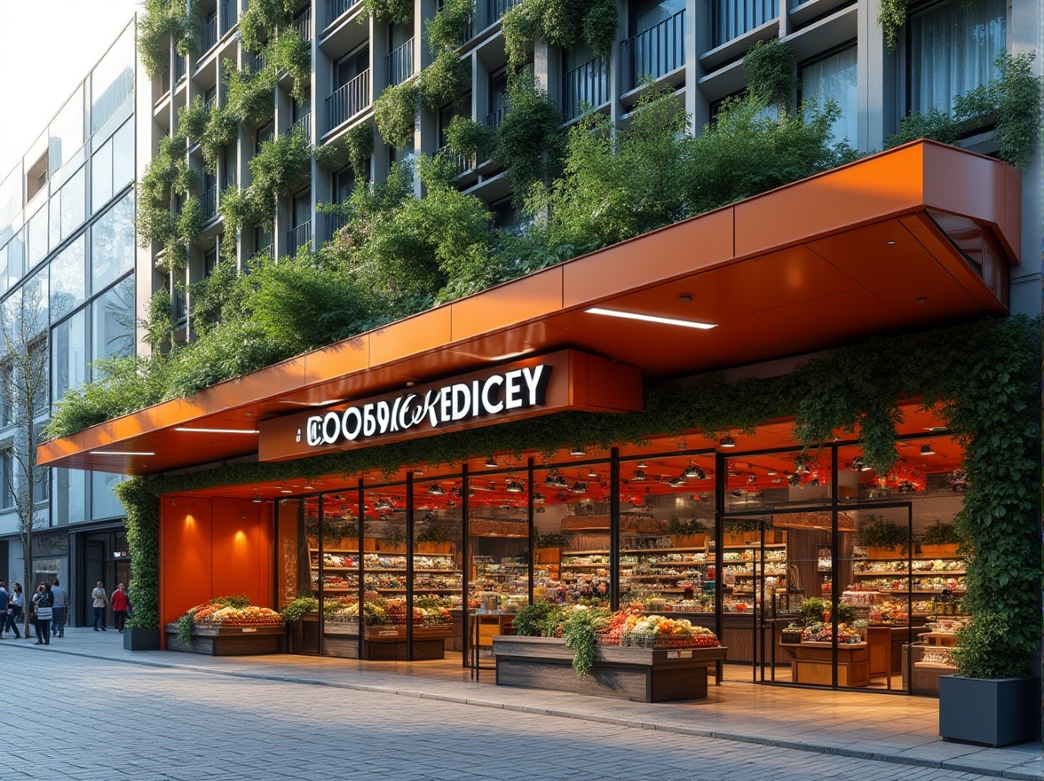 Prompt: Vibrant grocery store facade, modern angular lines, metallic materials, LED lighting strips, green walls, vertical gardens, urban cityscape, busy streets, morning sunlight, shallow depth of field, 1/1 composition, realistic reflections, ambient occlusion, bold signage, colorful branding, eclectic textures, industrial-chic aesthetics, transparent glass doors, automatic sliding doors, spacious entranceways, minimalist typography.