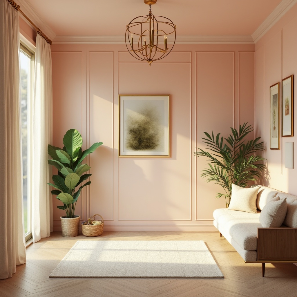 Prompt: Vibrant modern interior, pastel color scheme, soft peach walls, creamy white furniture, rich walnut wood accents, metallic gold hardware, lush greenery, natural light pouring in, sheer curtains, warm beige floors, cozy reading nook, comfortable seating area, elegant chandelier, subtle texture contrasts, 1/1 composition, softbox lighting, realistic render.