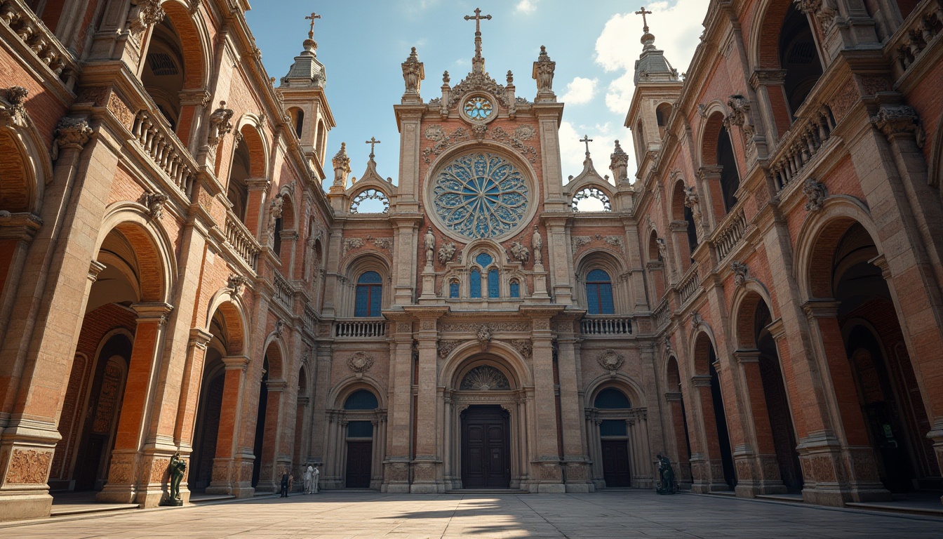 Prompt: Grand Renaissance church facade, ornate stone carvings, intricate archways, majestic domes, vibrant stained glass windows, gothic spires, rustic brick walls, weathered statues, ornamental clock towers, grand entrance doors, polished marble floors, baroque decorations, gilded accents, subtle natural light, warm ambient illumination, shallow depth of field, 1/2 composition, symmetrical framing, high contrast ratio, realistic textures, soft focus effect.