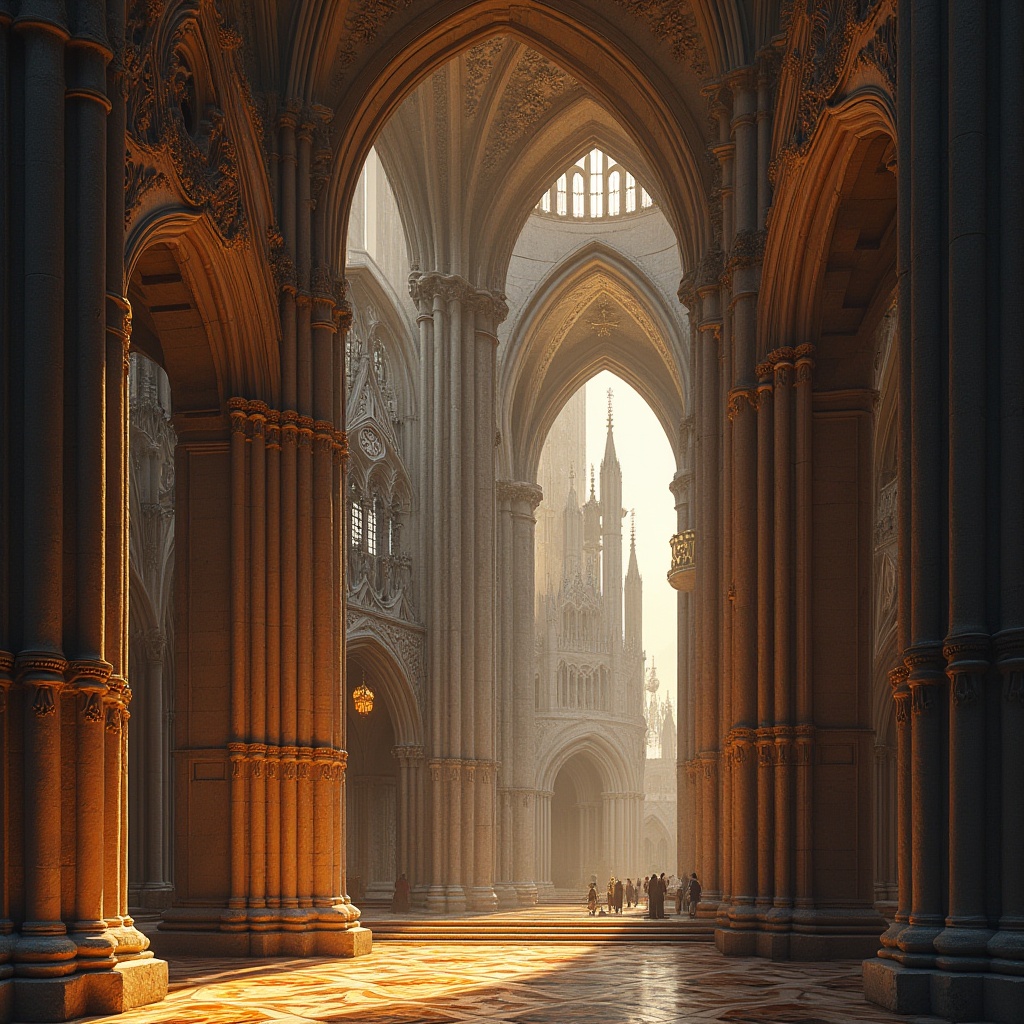 Prompt: Intricate stone carvings, pointed arches, ribbed vaults, flying buttresses, grandiose ceilings, stained glass windows, ornate facades, towering spires, dramatic verticality, mystical ambiance, warm golden lighting, soft diffused shadows, 1/1 composition, symmetrical framing, vibrant color palette, detailed textures, ambient occlusion.