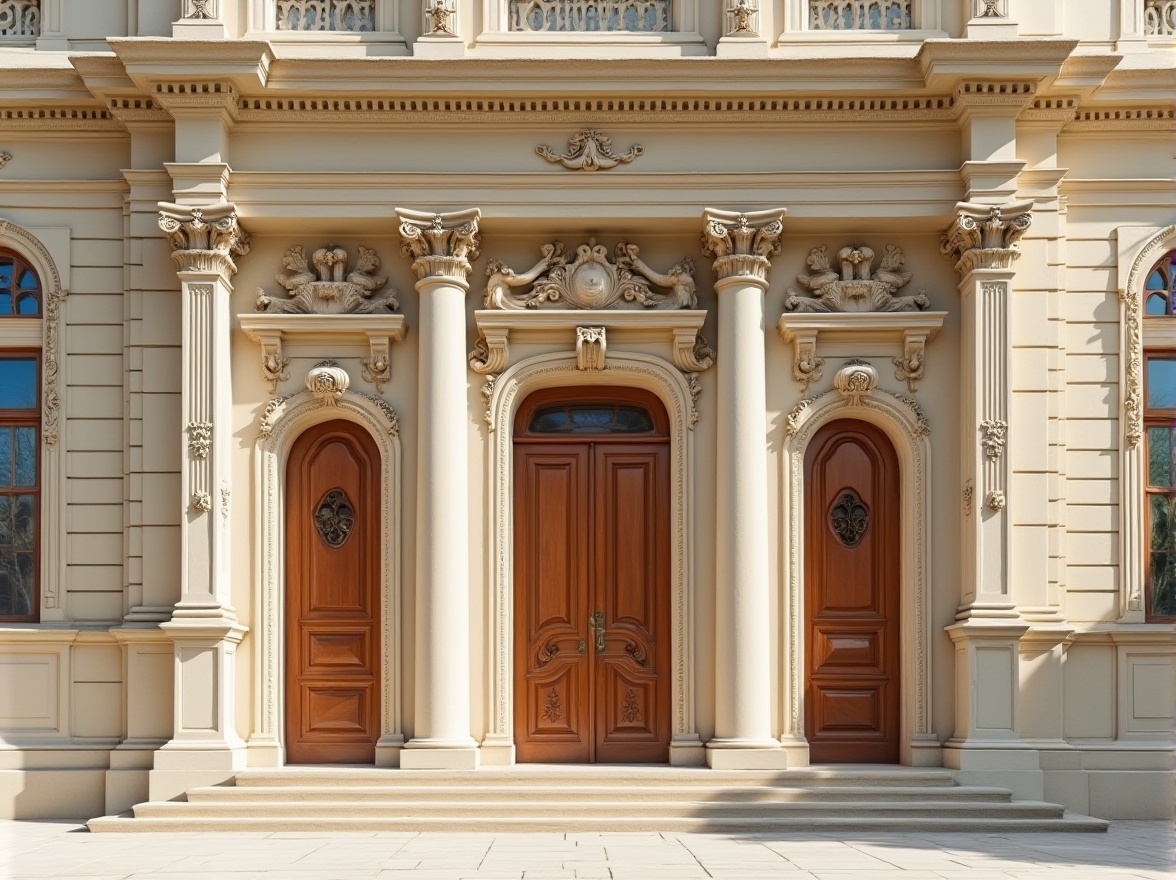 Prompt: Elegant neoclassical facade, ornate columns, intricately carved wooden doors, grand entranceways, symmetrical composition, cream-colored stone walls, rusticated quoins, ornamental pediments, decorative cornices, subtle architraves, classical pilasters, refined stucco textures, warm beige tones, soft afternoon sunlight, shallow depth of field, 2/3 composition, realistic reflections, ambient occlusion.