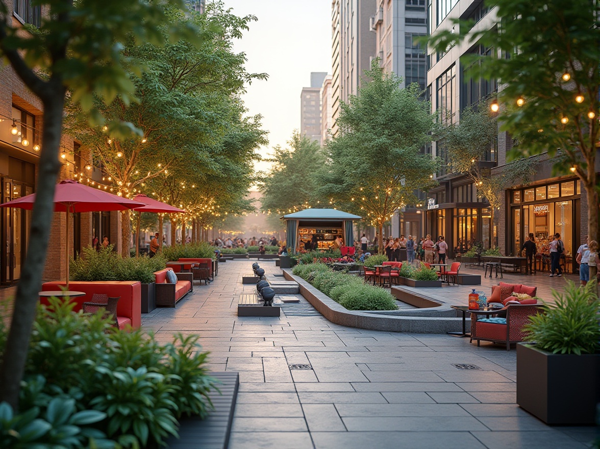 Prompt: Vibrant urban plaza, lush greenery, modern street furniture, dynamic water features, abstract sculptures, eclectic food trucks, lively street performers, warm string lighting, shallow depth of field, 3/4 composition, panoramic view, realistic textures, ambient occlusion.