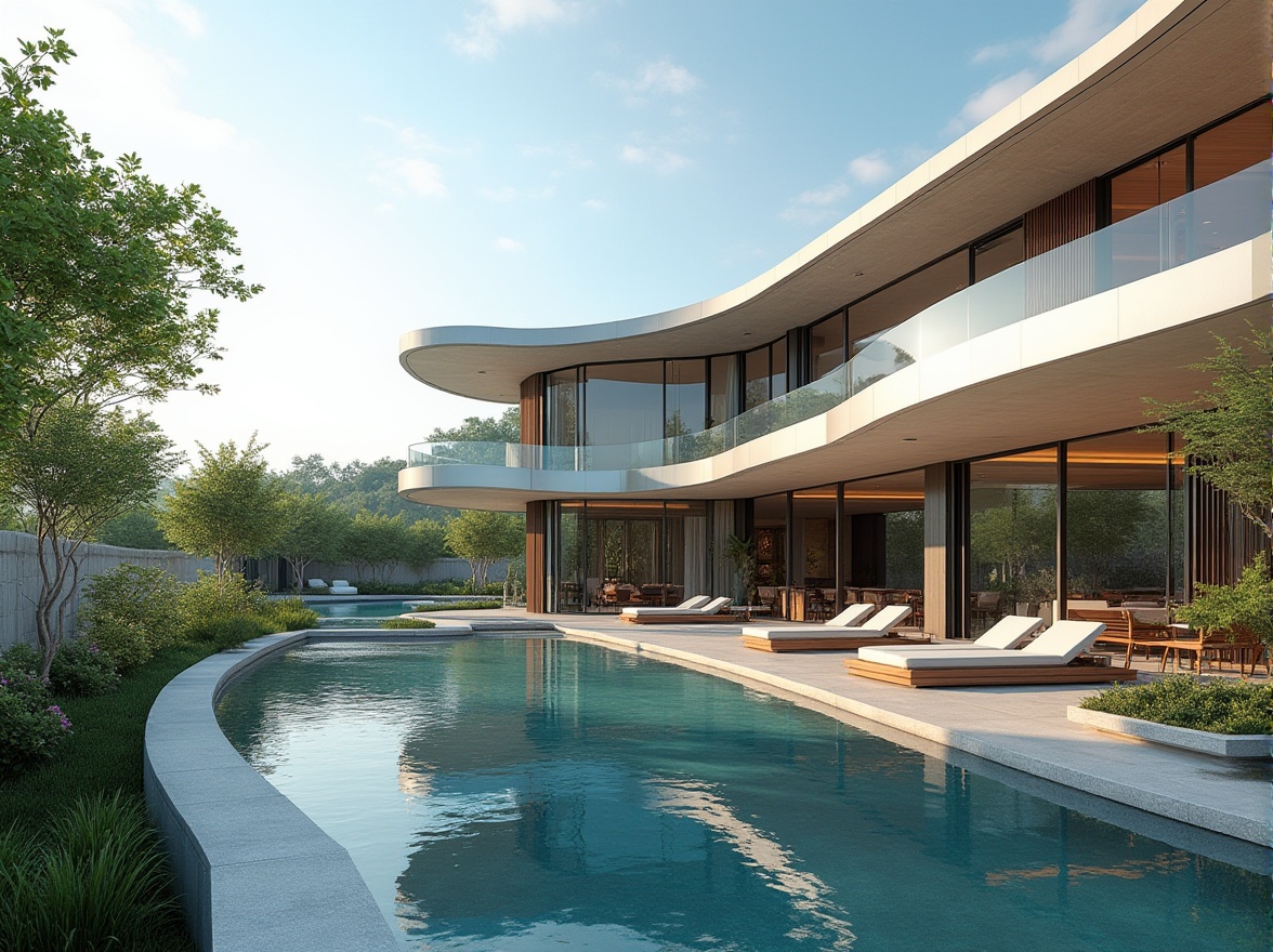 Prompt: Curved villa facade, streamlined modern architecture, silver metallic panels, floor-to-ceiling windows, sliding glass doors, minimalist ornamentation, cantilevered roofs, infinity edge pools, lush greenery surroundings, tranquil water features, warm sunny day, soft natural lighting, shallow depth of field, 3/4 composition, panoramic view, realistic reflective surfaces, ambient occlusion.