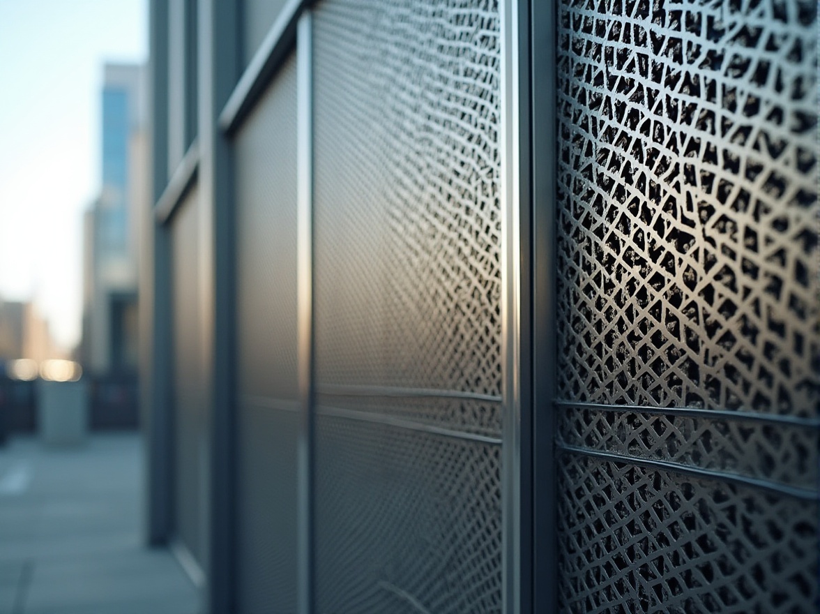 Prompt: Perforated metal facade, industrial aesthetic, metallic sheen, grid-like pattern, airy ventilation, modern architecture, urban landscape, cityscape, daytime setting, soft natural light, shallow depth of field, 3/4 composition, realistic reflection, ambient occlusion.