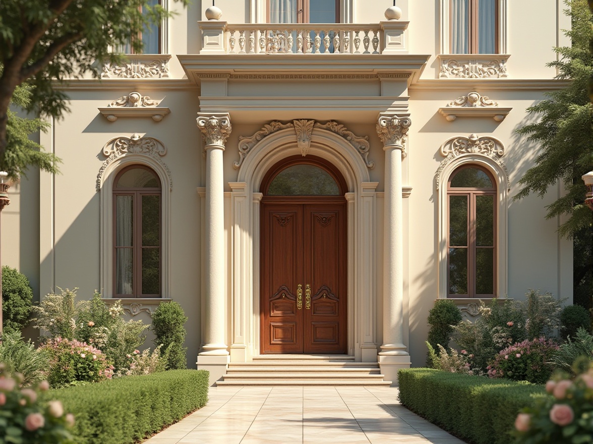 Prompt: Luxurious villa, grand entrance, ornate columns, elegant arches, neutral color palette, cream stucco exterior, decorative cornices, intricately carved wooden doors, polished brass hardware, lush greenery, blooming flowers, ambient soft lighting, shallow depth of field, 3/4 composition, warm sunny day, realistic textures, ambient occlusion.