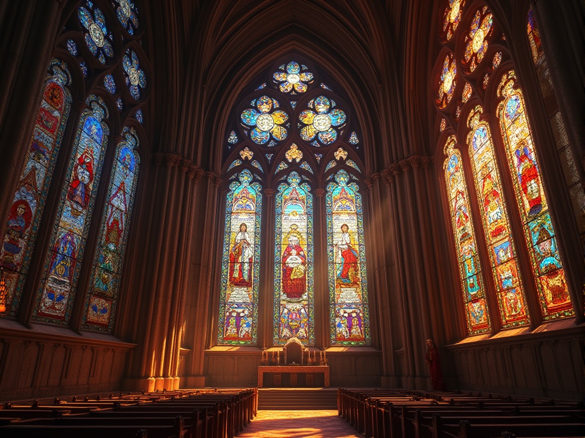 Prompt: Vibrant stained glass windows, intricate medieval designs, kaleidoscope colors, ornate stone carvings, grandiose cathedral architecture, ribbed vaults, flying buttresses, pointed arches, mystical ambiance, warm golden lighting, soft diffused illumination, 1/1 composition, symmetrical framing, realistic glass textures, subtle ambient occlusion, majestic interior spaces, ornate altarpieces, intricate frescoes.