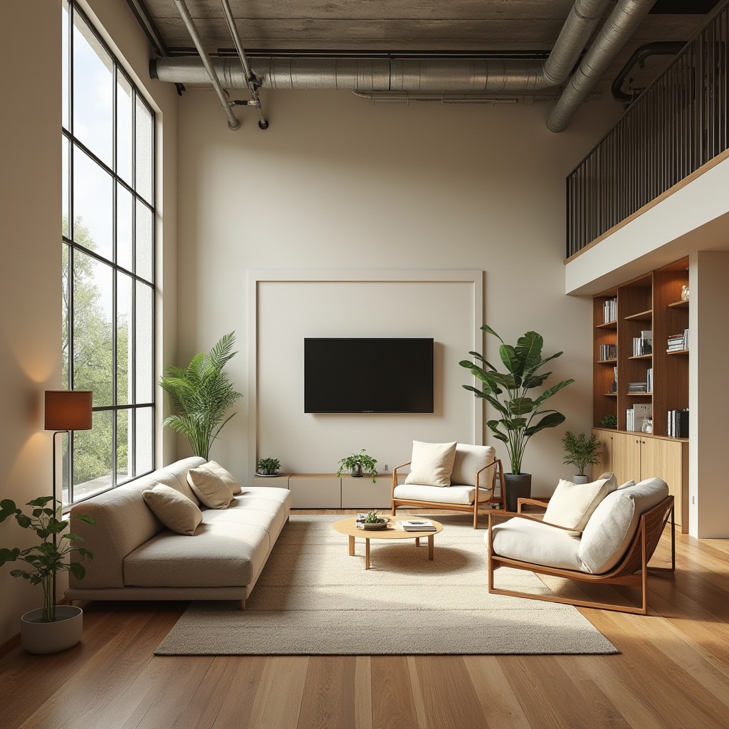 Prompt: Spacious living room, high ceilings, large windows, natural light pouring in, minimal ornamentation, sleek modern furniture, soft cushions, warm beige walls, polished hardwood floors, greenery accents, cozy reading nook, floor lamps, minimalist decor, open shelving units, industrial-chic metal beams, urban loft ambiance, airy atmosphere, shallow depth of field, 1/1 composition, realistic textures, ambient occlusion.