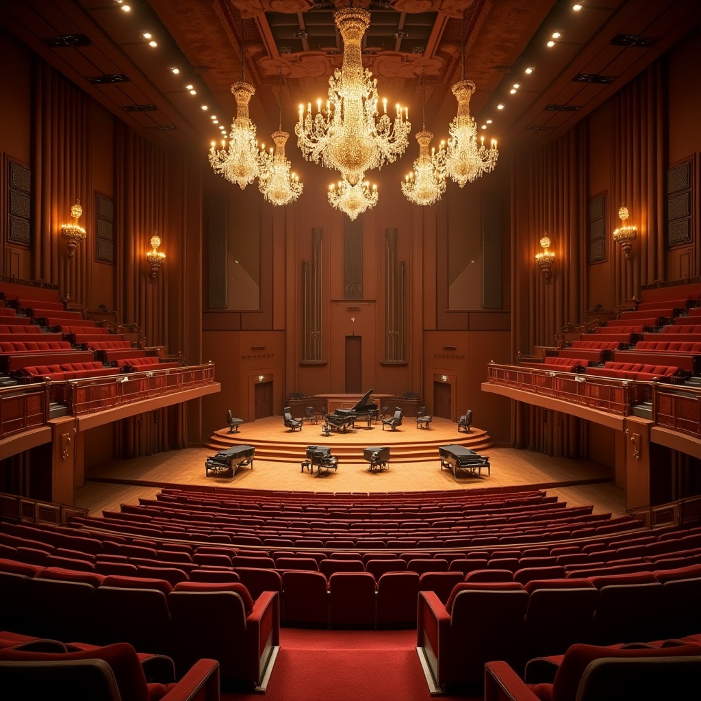 Prompt: Elegant concert hall, ornate chandeliers, plush velvet seats, polished wooden floors, grand pianos, soundproofed walls, acoustic panels, diffused ceiling lights, intimate setting, warm ambiance, soft warm lighting, shallow depth of field, 3/4 composition, realistic textures, ambient occlusion, premium sound systems, speaker arrays, subwoofers, audio consoles, mixing boards, state-of-the-art technology, sophisticated sound design.