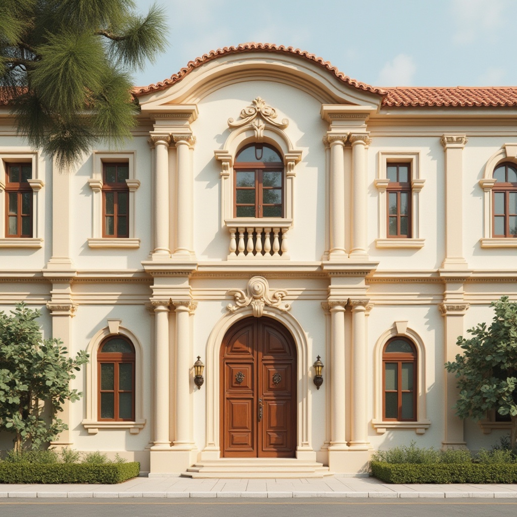 Prompt: Symmetrical facade, classical columns, ornate details, cream-colored walls, red-tiled roofs, grand entrance, wooden doors, bronze door handles, arched windows, stained glass, subtle texture, warm beige tones, soft afternoon light, shallow depth of field, 2/3 composition, realistic rendering, ambient occlusion.