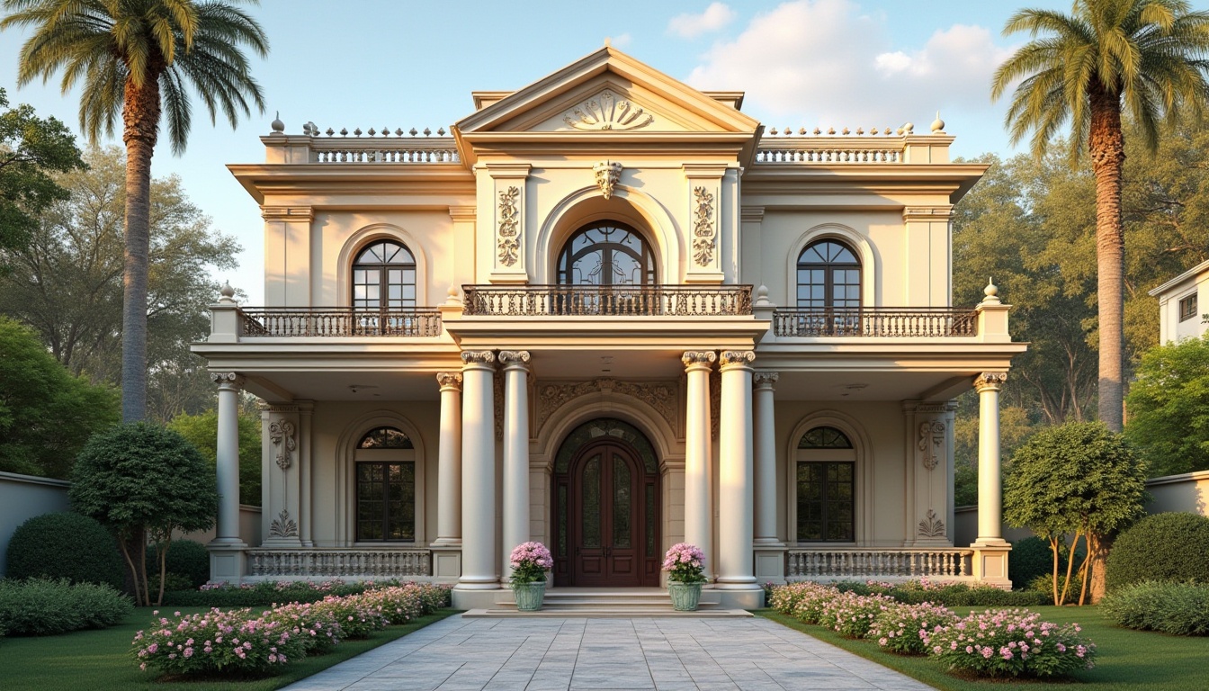 Prompt: Elegant residential facade, grand entrance with columns, ornate capital details, symmetrical composition, classical pediment, rusticated base, smooth stucco walls, decorative pilasters, arched windows, segmented arches, ornamental balconies, refined ironwork, majestic front doors, inviting porches, lush greenery, blooming flowers, sunny day, soft warm lighting, shallow depth of field, 3/4 composition, realistic textures, ambient occlusion.