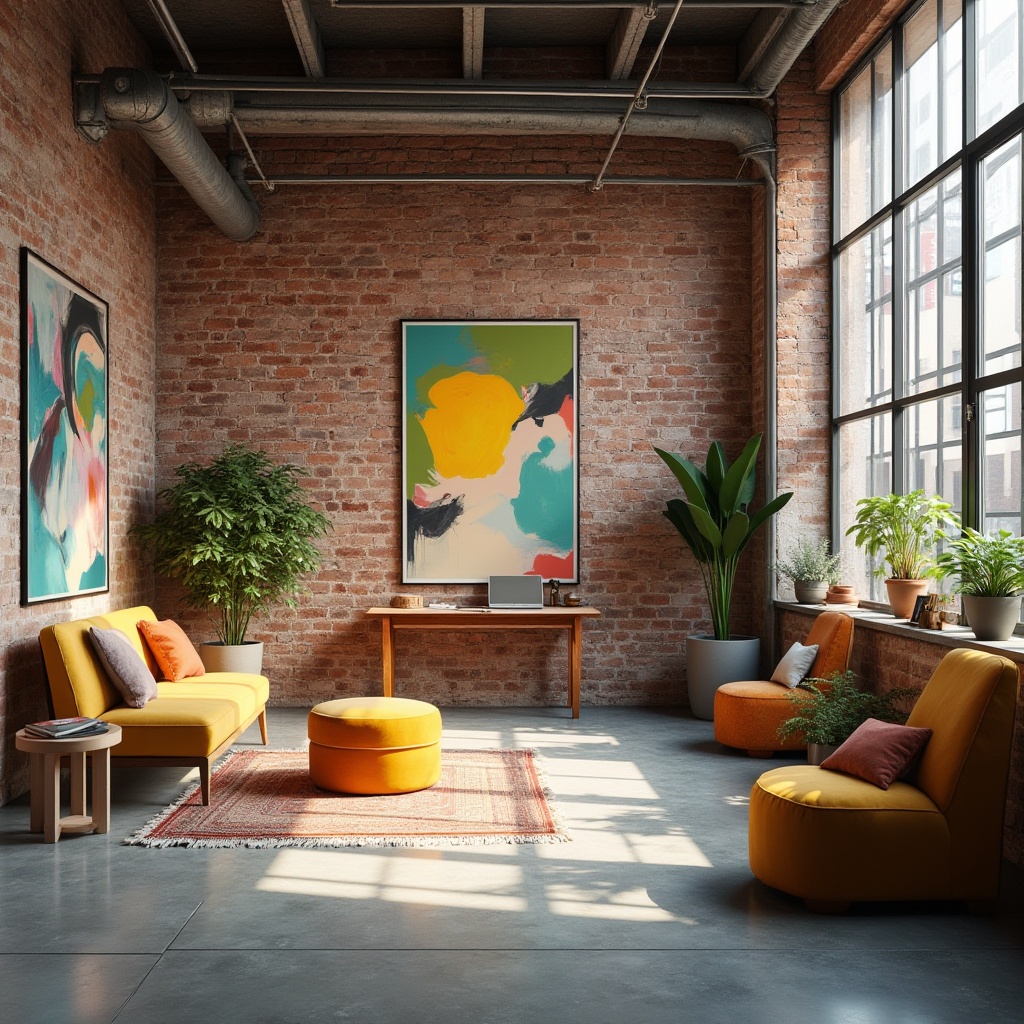 Prompt: Vibrant artistic studio, modern industrial design, exposed brick walls, polished concrete floors, eclectic furniture, abstract artwork, bold colorful accents, natural light pouring in, large windows, minimalist decor, sleek metal fixtures, monochromatic color scheme, pastel hues, earthy tones, rich textures, atmospheric lighting, 3/4 composition, shallow depth of field, realistic renderings.