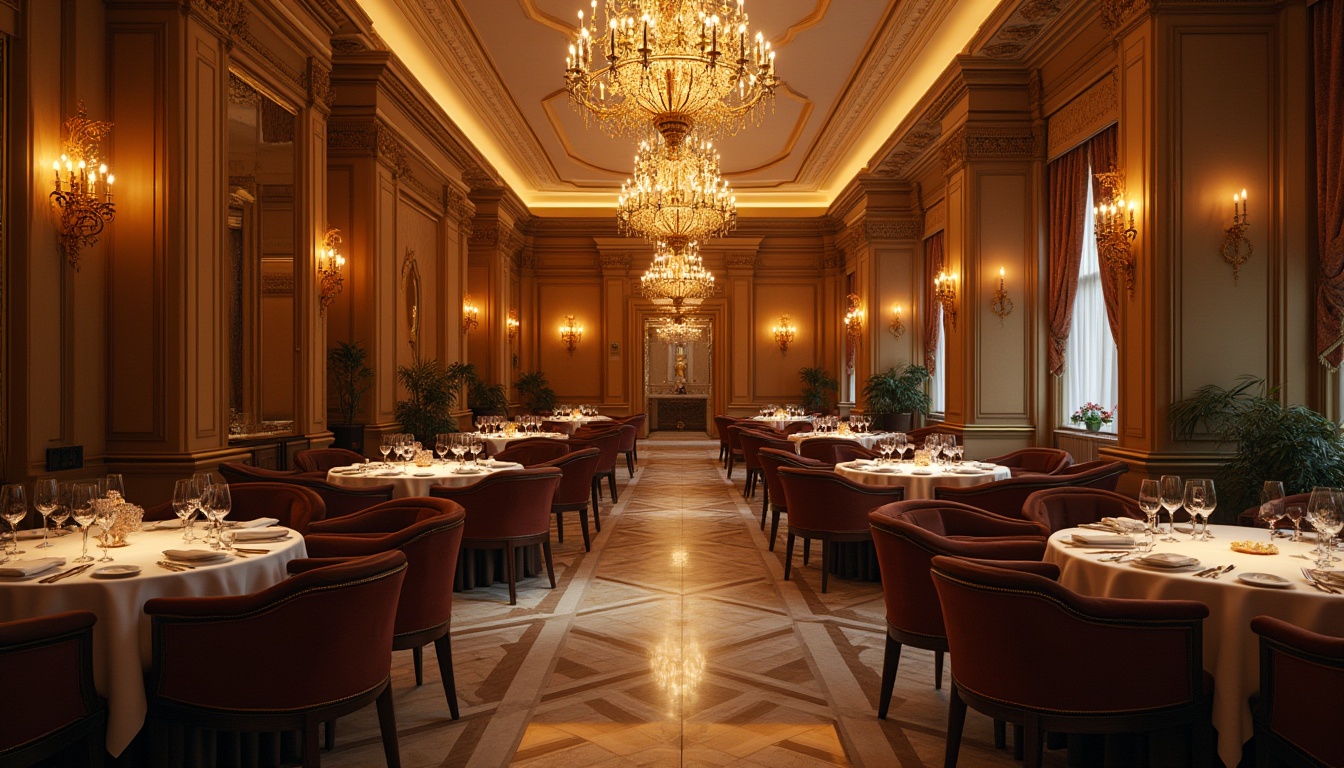 Prompt: Elegant dining hall, luxurious chandeliers, rich wood tones, cream-colored walls, dark brown furniture, golden accents, soft warm lighting, intimate atmosphere, circular tables, velvet upholstery, ornate mirrors, classical music, sophisticated ambiance, subtle sheen, 1/2 composition, shallow depth of field, realistic textures.