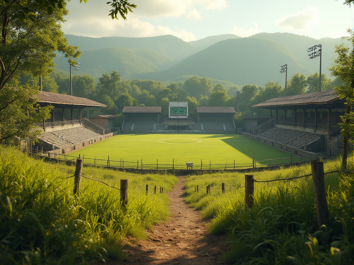 Prompt: Rustic rural football stadium, lush green grass, rolling hills, scattered trees, wooden bleachers, vintage scoreboard, nostalgic signage, dirt pathways, natural stone walls, earthy tones, sunny afternoon, soft warm lighting, shallow depth of field, 3/4 composition, panoramic view, realistic textures, ambient occlusion.