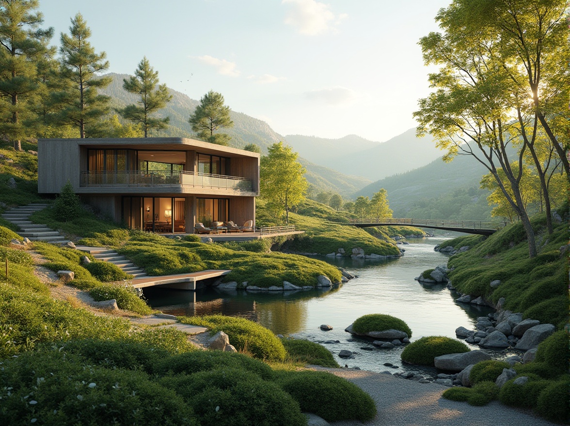 Prompt: Harmonious landscape integration, blending modern architecture with natural surroundings, lush greenery, rolling hills, serene water features, walking trails, wooden bridges, sustainable building materials, energy-efficient designs, large windows, sliding glass doors, panoramic views, warm sunlight, soft shadows, 1/1 composition, shallow depth of field, realistic textures, ambient occlusion.