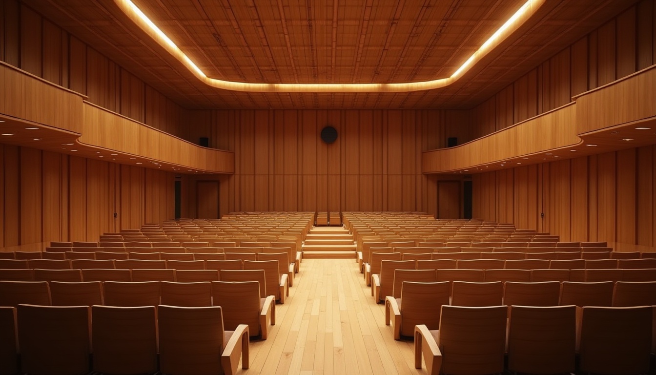 Prompt: Intimate concert hall, wooden acoustic panels, sound-absorbing materials, curved lines, minimalist decor, optimal speaker placement, state-of-the-art audio equipment, warm ambient lighting, comfortable seating, tiered floor plan, precise sound reflections, 3D audio simulations, immersive sound experience, realistic reverberation, shallow depth of field, 2/3 composition, panoramic view, detailed textures, ambient occlusion.