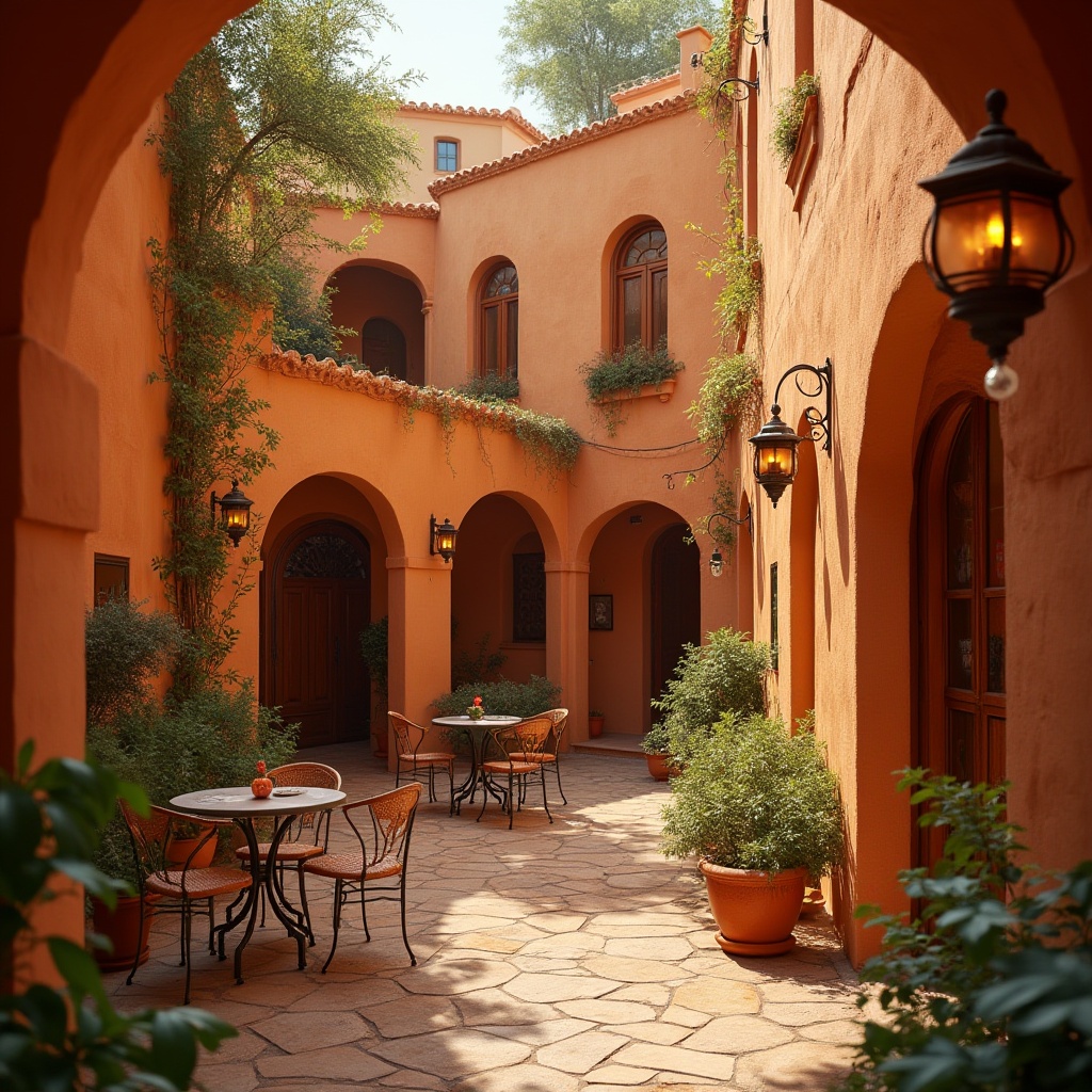 Prompt: Warm persimmon hues, earthy terracotta facades, soft golden lighting, cozy intimate spaces, rustic wooden accents, natural stone walls, curved lines, organic shapes, whimsical patterns, vibrant orange details, playful yellow highlights, rich brown textures, Mediterranean-inspired architecture, sun-kissed courtyards, lush greenery, warm beige stucco, inviting outdoor seating areas, lantern-style lighting fixtures, ornate metalwork, 1/2 composition, shallow depth of field, soft focus.