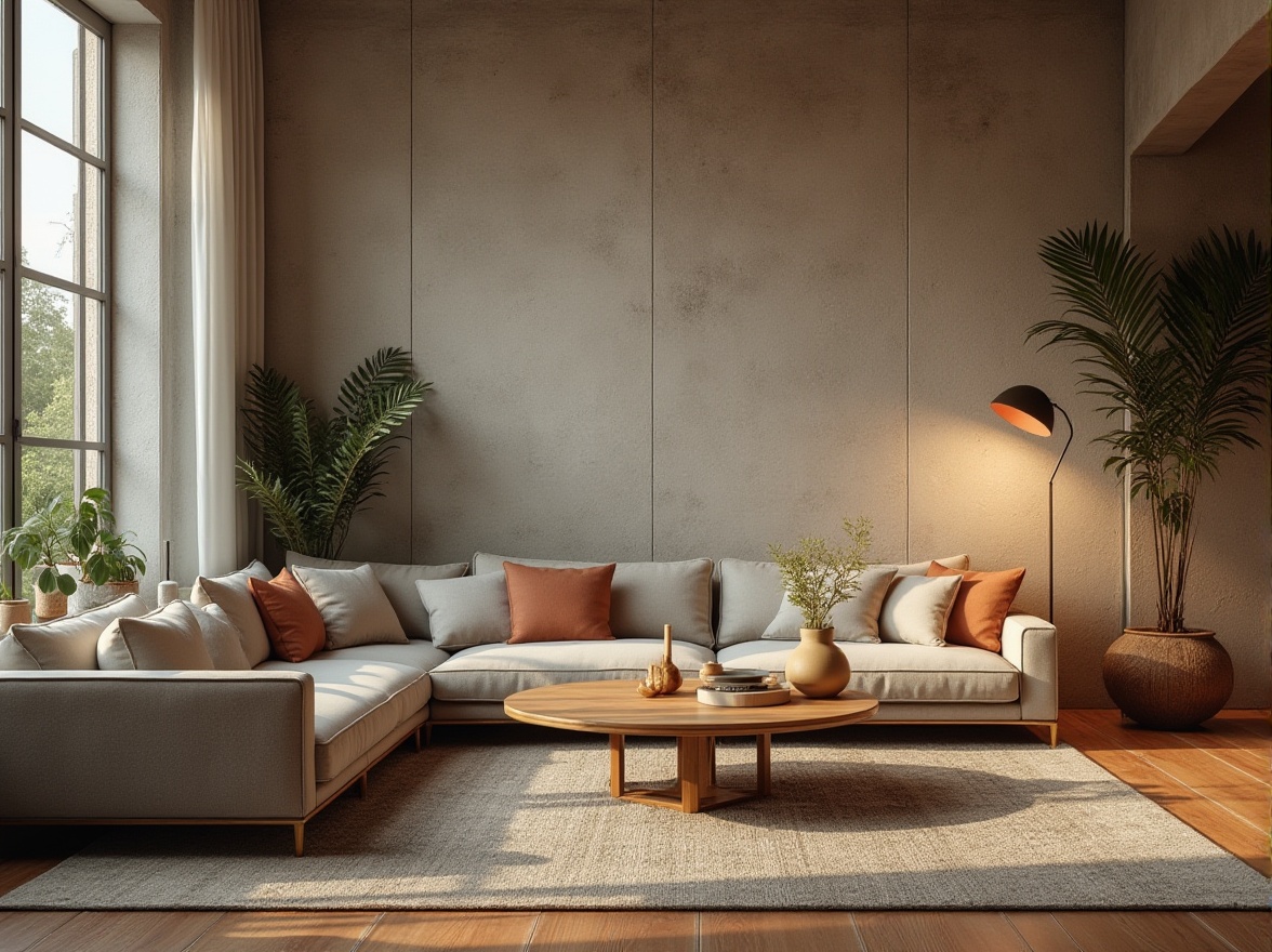 Prompt: Cozy living room, plush sectional sofa, wooden coffee table, modern floor lamp, textured area rug, minimalist decor, natural stone wall, large windows, soft warm lighting, shallow depth of field, 3/4 composition, realistic textures, ambient occlusion.