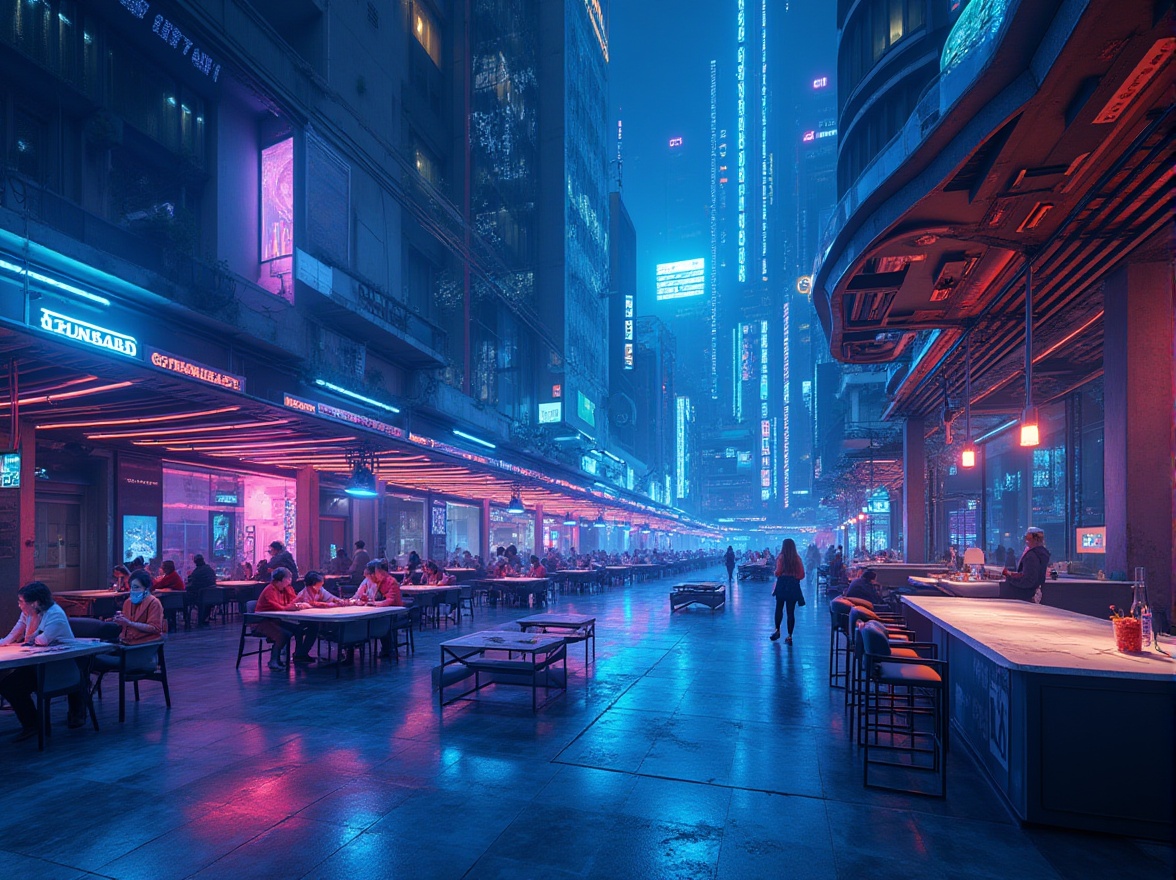 Prompt: Vibrant neon lights, futuristic cityscape, community gathering spaces, avant-garde architecture, curved lines, geometric shapes, iridescent colors, holographic displays, LED installations, cyberpunk atmosphere, electric blue hues, luminescent accents, metallic materials, reflective surfaces, minimalist interiors, modular furniture, augmented reality interfaces, 3D projections, neon-lit streets, urban futurism, dystopian ambiance, high-tech innovations, sustainable energy systems, eco-friendly infrastructure, panoramic views, shallow depth of field, realistic textures.