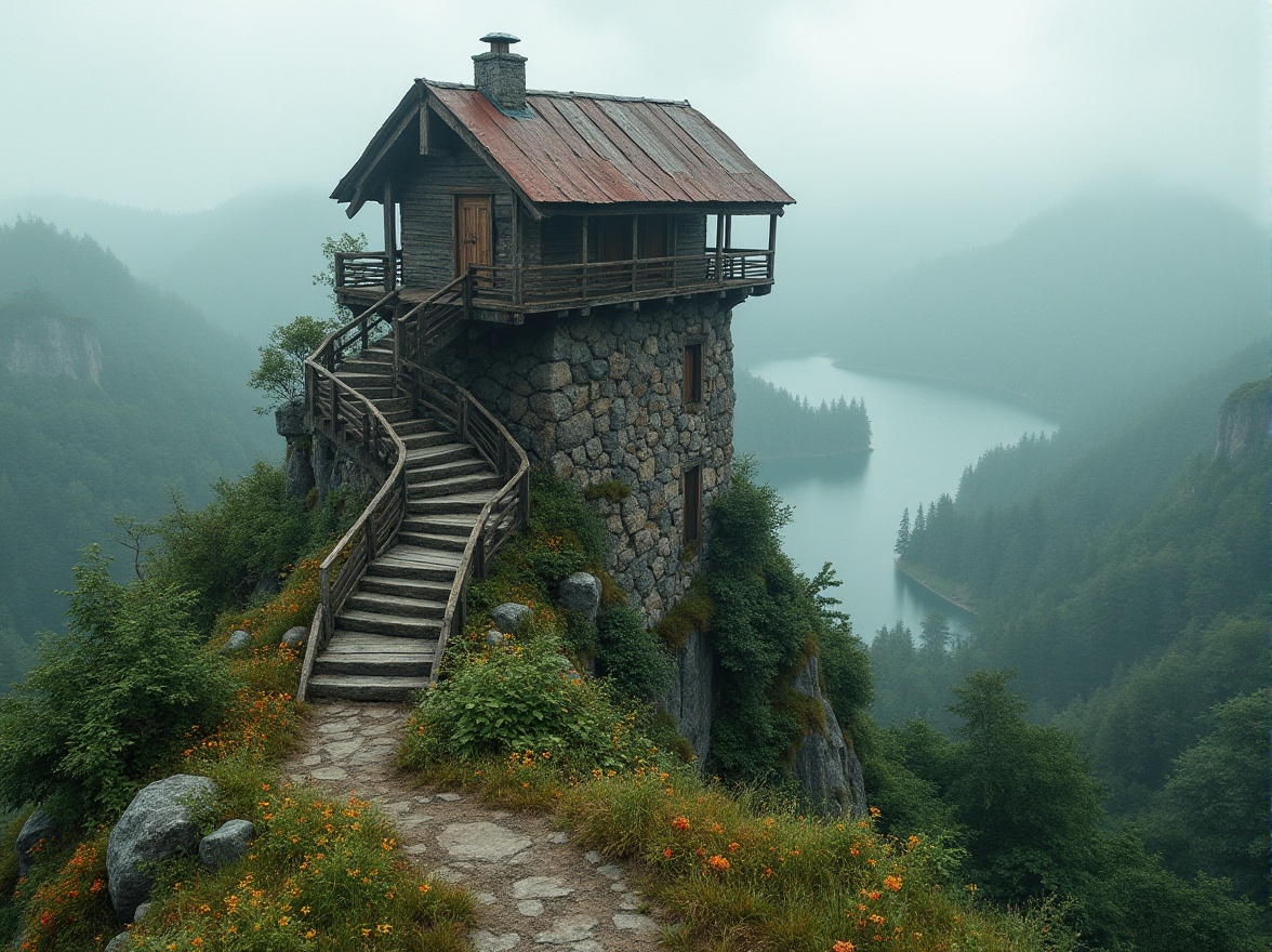 Prompt: Watchtower with rugged stone walls, rustic wooden accents, winding staircases, panoramic views, misty atmospheric effects, lush green forests, rolling hills, serene lakeside, vibrant wildflowers, natural rock formations, weathered metal roofs, earthy color palette, warm soft lighting, 1/1 composition, shallow depth of field, cinematic camera angles, realistic textures, ambient occlusion.