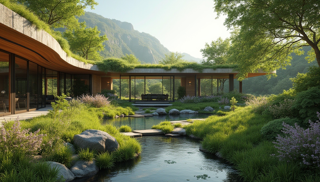 Prompt: Vibrant green roofs, lush vegetation, natural stone walls, curved lines, organic forms, seamless transitions, indoor-outdoor connections, panoramic views, floor-to-ceiling windows, sliding glass doors, minimalist decor, earthy color palette, rustic wooden accents, water features, small ponds, stepping stones, meandering pathways, native plant species, wildflower gardens, morning dew, soft natural lighting, 1/1 composition, shallow depth of field, realistic textures.