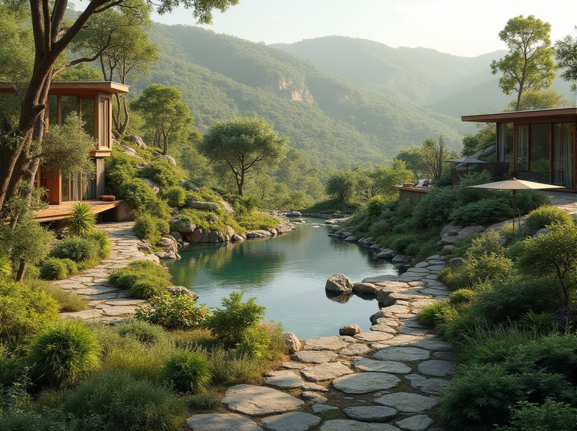 Prompt: Harmonious landscape integration, rolling hills, lush greenery, meandering pathways, natural stone walls, water features, serene ponds, reflection pools, native plant species, seasonal foliage, eco-friendly materials, sustainable design solutions, organic building forms, earthy color palette, soft warm lighting, shallow depth of field, 3/4 composition, panoramic view, realistic textures, ambient occlusion.