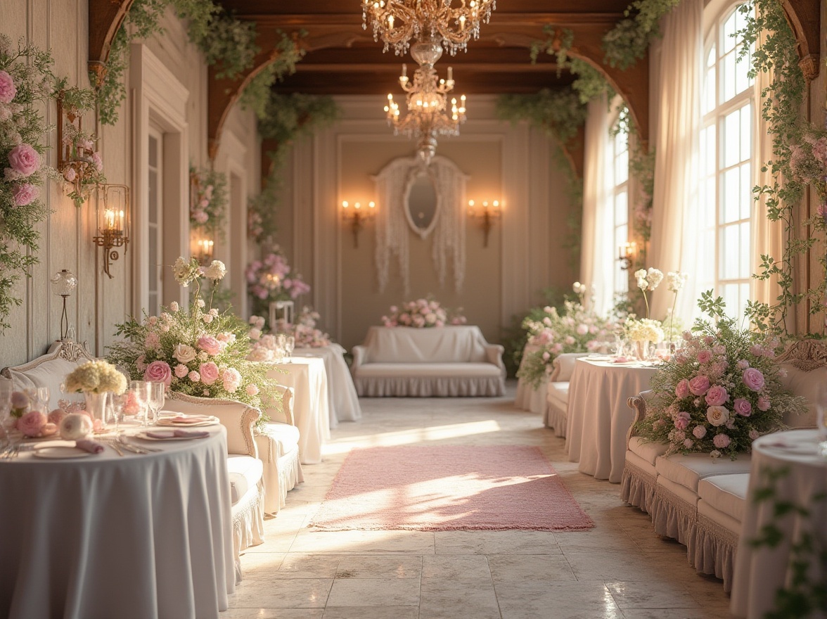 Prompt: Soft lilac hues, pastel pink accents, creamy whites, warm beige tones, rich wood textures, delicate lace patterns, ornate metal fixtures, elegant candelabras, lush greenery, natural stone floors, vintage furniture pieces, distressed finishes, romantic ambiance, soft focus, warm golden lighting, 1/2 composition, intimate atmosphere.