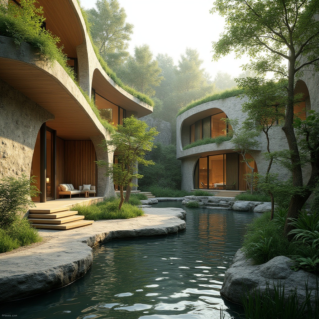 Prompt: Harmonious landscape integration, curved lines, natural stone walls, lush green roofs, cantilevered structures, wooden accents, floor-to-ceiling windows, seamless transitions, organic forms, earthy tones, water features, rippling ponds, meandering paths, native plant species, rustling leaves, warm sunlight, dappled shadows, ambient lighting, 1/2 composition, shallow depth of field, atmospheric perspective.