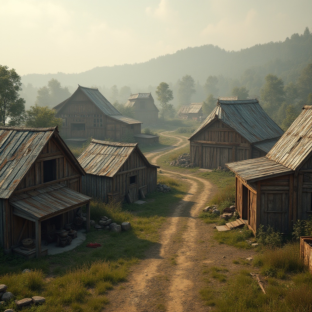 Prompt: Rustic countryside, vintage barns, distressed wood textures, corrugated metal roofs, asymmetrical facades, dynamic angular lines, bold geometric shapes, earthy color palette, natural stone foundations, overgrown vegetation, worn wooden doors, antique farm equipment, soft warm lighting, misty morning atmosphere, cinematic composition, realistic weathering effects.