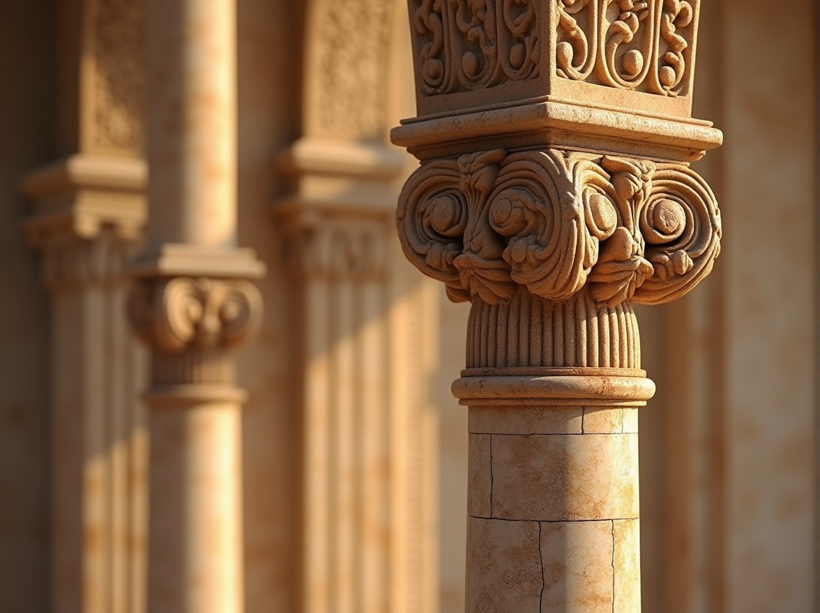 Prompt: Ornate column, intricately carved capital, Corinthian order, fluted shaft, ornamental base, Renaissance-inspired design, classical architecture, grandiose scale, symmetrical arrangement, marble material, polished finish, warm golden lighting, soft focus, shallow depth of field, 1/2 composition, detailed textures, ambient occlusion.