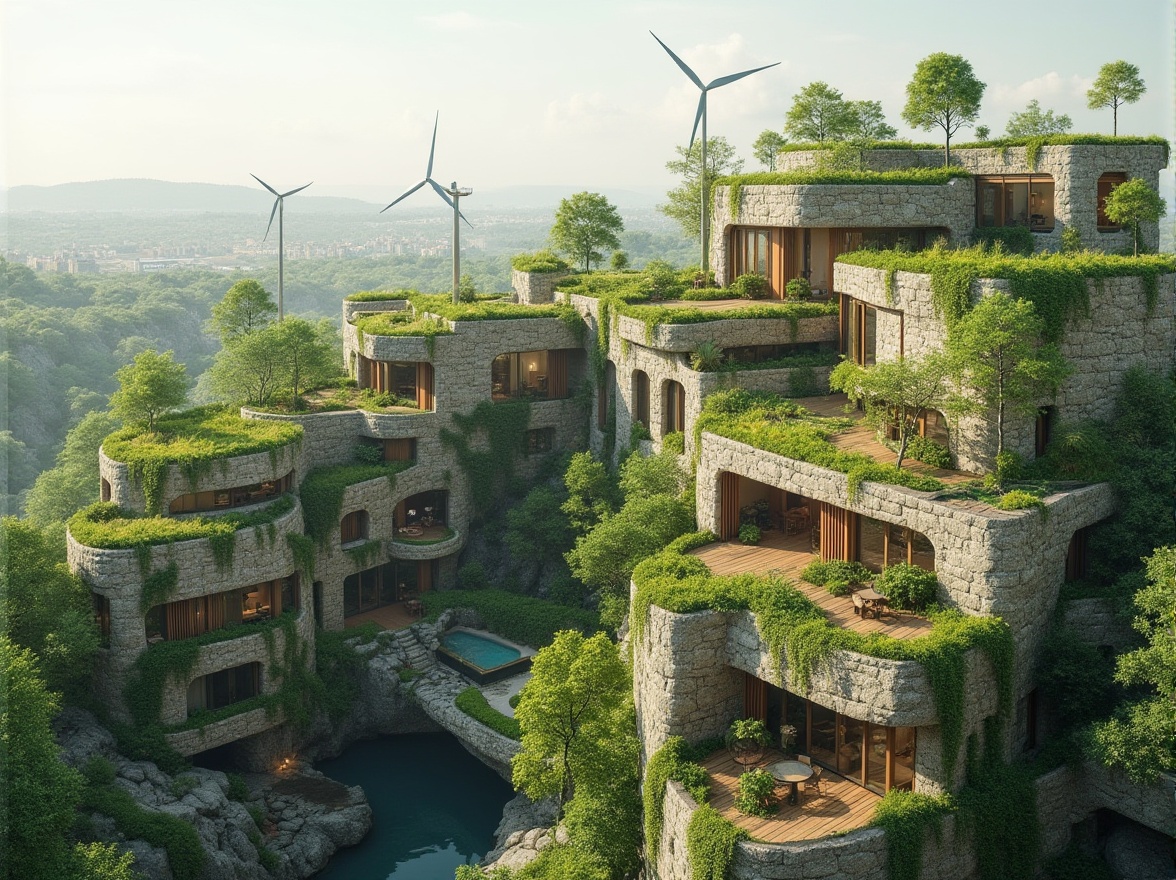 Prompt: Eco-friendly buildings, lush green roofs, living walls, solar panels, wind turbines, rainwater harvesting systems, natural stone facades, reclaimed wood accents, energy-efficient glazing, minimalist interior design, organic shapes, earthy color palette, serene atmosphere, soft diffused lighting, shallow depth of field, 3/4 composition, panoramic view, realistic textures, ambient occlusion.