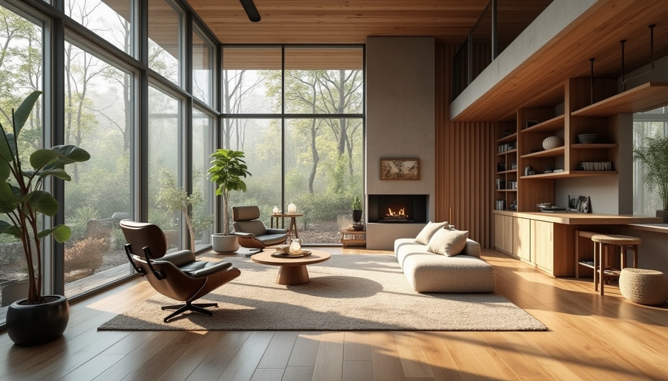 Prompt: Modern minimalist interior, open-plan living space, sleek wooden flooring, floor-to-ceiling windows, natural light pouring in, functional zoning, ergonomic furniture layout, cozy reading nook, built-in shelving units, rustic metal accents, warm neutral color palette, textured rugs, ambient soft lighting, 1/1 composition, shallow depth of field, realistic textures, subtle shadowing.