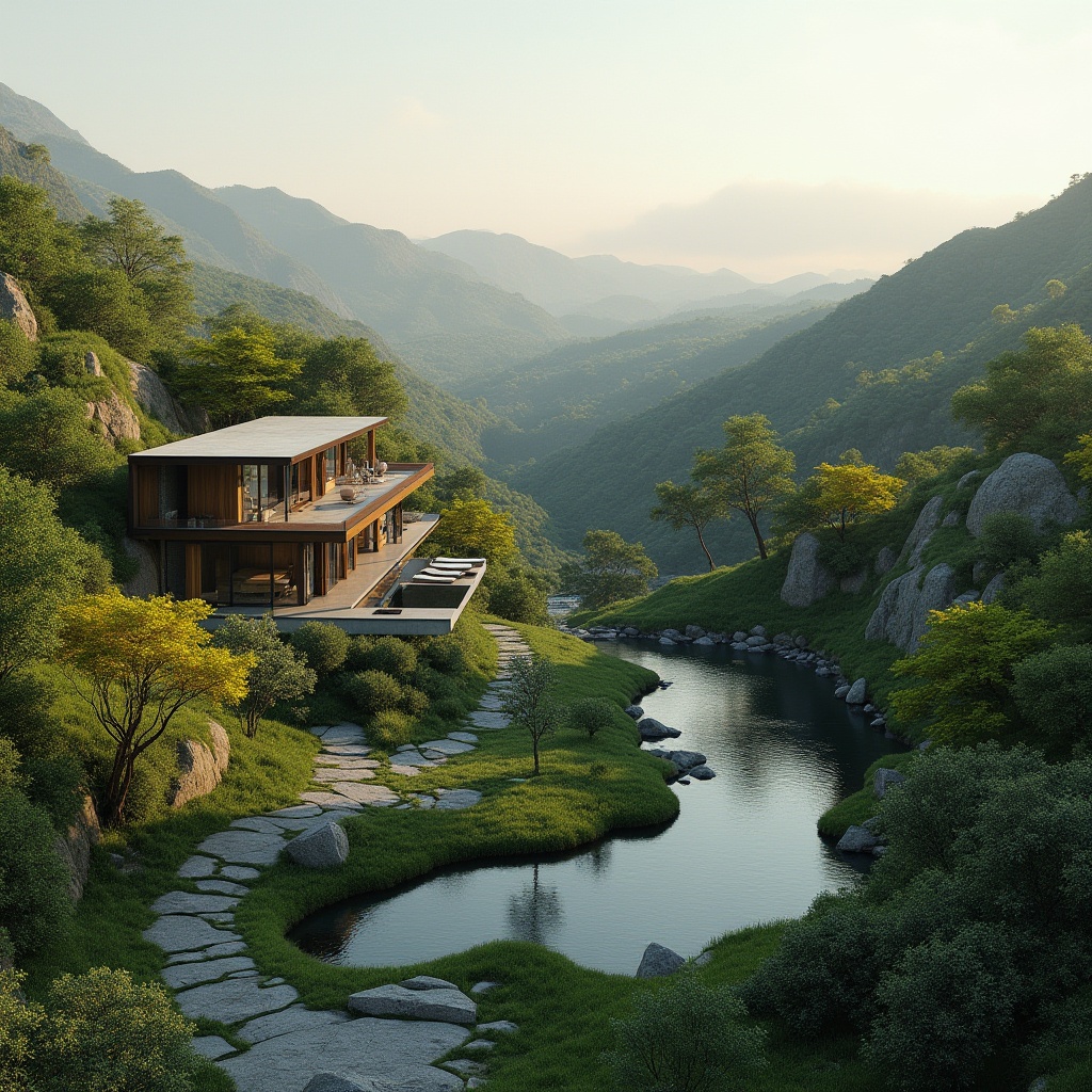 Prompt: Harmonious landscape integration, rolling hills, lush greenery, meandering pathways, serene water features, modern architectural design, sleek lines, minimalist aesthetic, large windows, sliding glass doors, natural stone walls, wooden accents, cantilevered roofs, dramatic overhangs, subtle lighting, warm color palette, 1/1 composition, symmetrical balance, realistic textures, ambient occlusion.