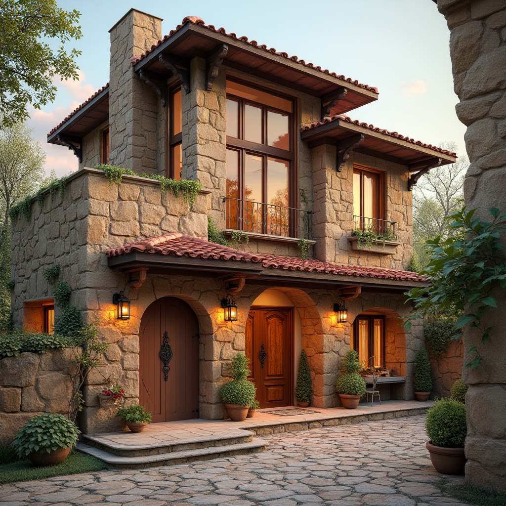 Prompt: Rustic regionalist building, earthy tone facade, irregular stone cladding, wooden accents, curved lines, asymmetrical composition, natural material palette, local cultural influences, traditional ornamentation, vibrant color scheme, intricate tile work, ornate metal details, warm ambient lighting, soft focus, shallow depth of field, 2/3 composition, atmospheric perspective, realistic textures, subtle weathering effects.