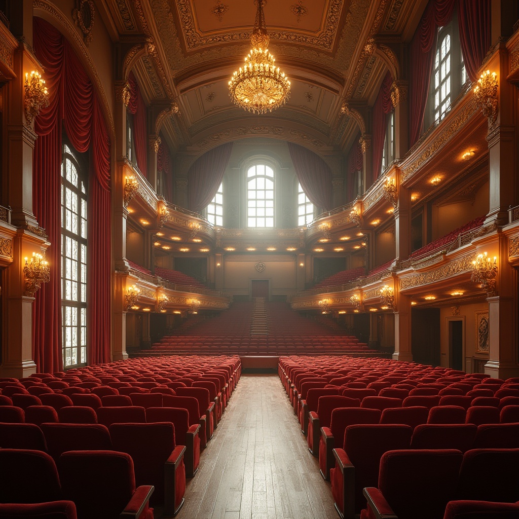 Prompt: Grand auditorium, high ceilings, ornate chandeliers, velvet curtains, luxurious seating, wooden flooring, natural stone walls, large windows, diffused daylight, soft warm lighting, subtle shadows, 3/4 composition, symmetrical architecture, grand entrance, sweeping staircases, elegant balconies, refined textures, ambient occlusion.