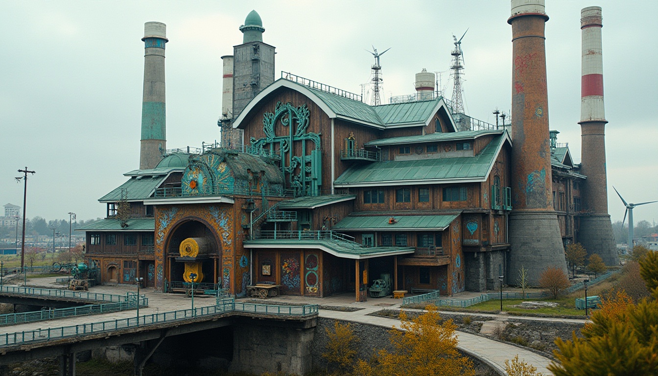 Prompt: Whimsical power plant, intricate metal latticework, vibrant turquoise accents, industrial-chic machinery, reclaimed wood cladding, lush green rooftops, solar panels, wind turbines, modernist architecture, curved lines, minimalist design, natural stone foundations, abstract sculptures, decorative smokestacks, colorful murals, urban landscape, overcast sky, dramatic lighting, high contrast, 1/2 composition, atmospheric effects.